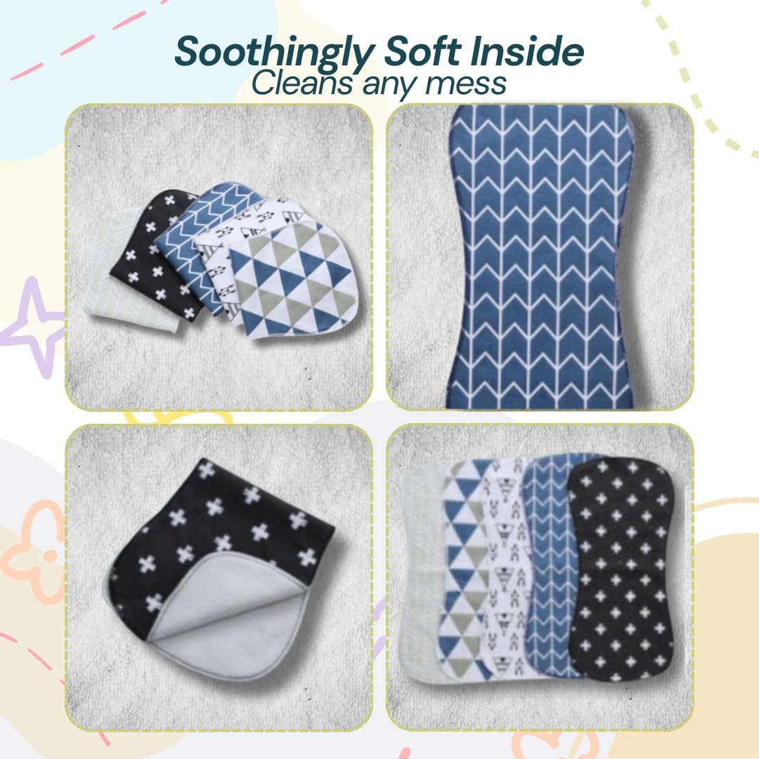 Blessique Burp Cloths Baby 5 Pieces,Waterproof Spill Proof Function, Essentials, Registry Items, Face Cloth, Face Cloth Boy Girl, Panales De para Bebes Stuff (Blue-Blackish)