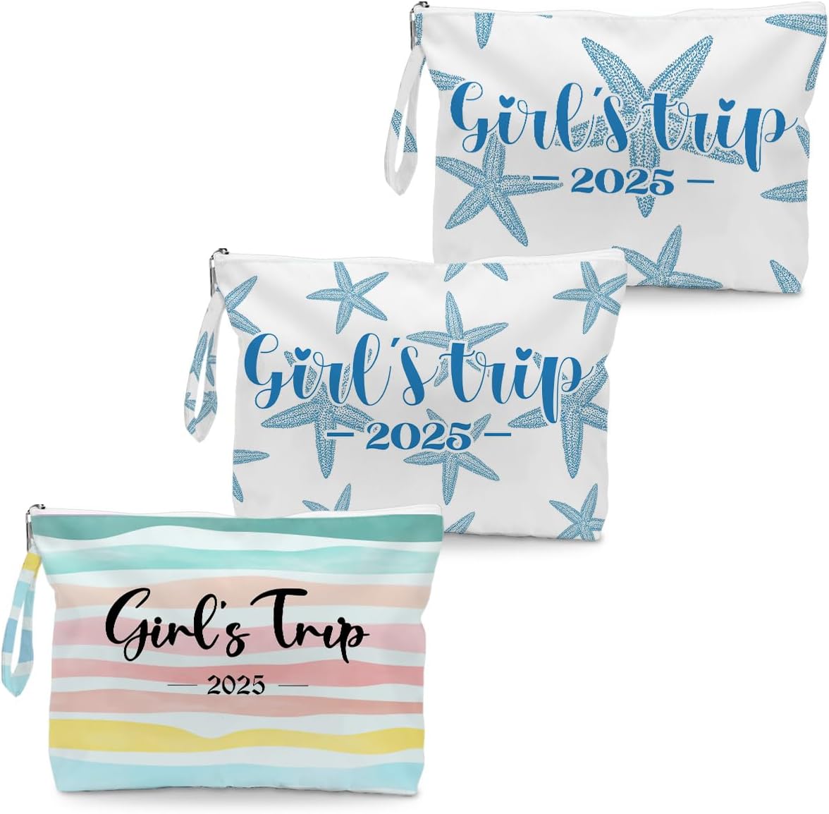 Fokongna 3PCS Girls Trip Gifts Favors Rainbow Starfish Wet Dry Bag Beach Gym Swimsuit Toiletry Travel Essentials Women's Cosmetic Case