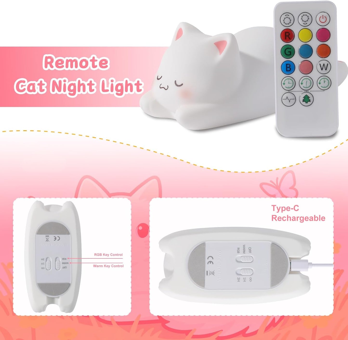 ZKLiLi Night Light for Kids Cute Cat Lamp,16 Colors+Tap+Remote+Silicone Kids Night Light,USB Rechargeable Cat Night Lights for Room Decoration
