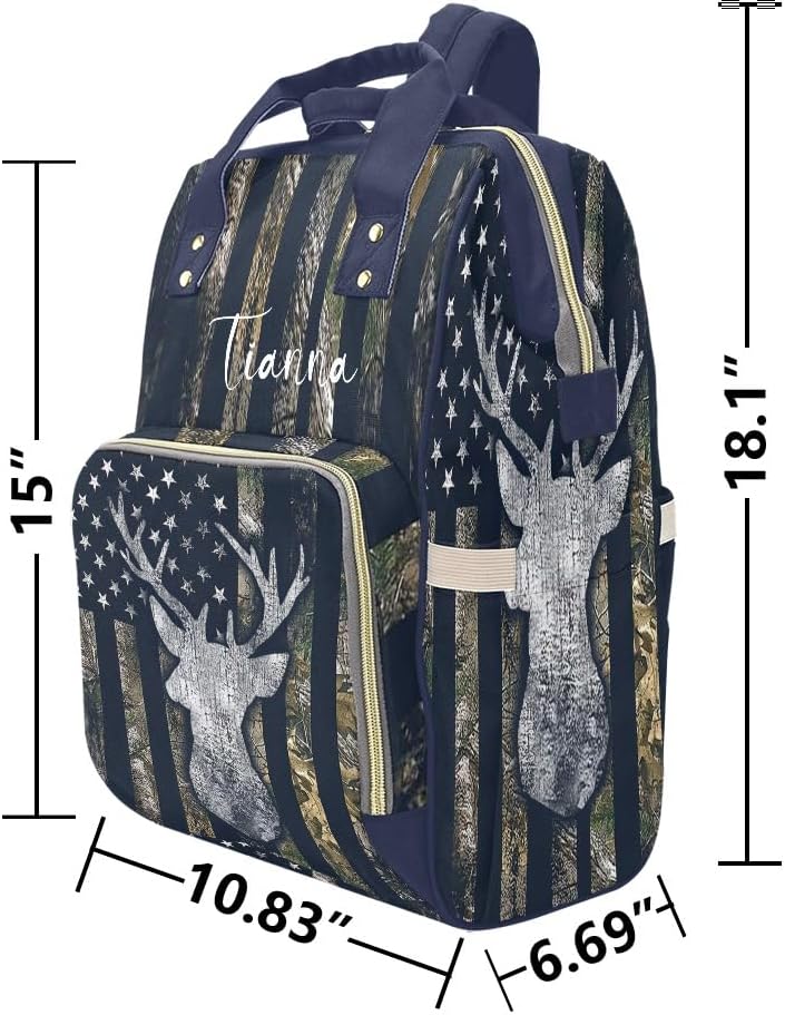 American Flag Camo Deer Blue Diaper Bags with Name Waterproof Mummy Backpack Nappy Nursing Baby Bags Gifts Tote Bag for Women