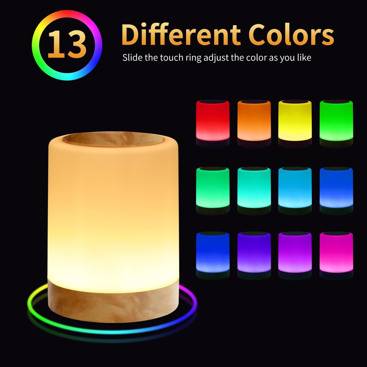 OORUN Touch Bedside Table Lamp,13 RGB Colors & 5 Brightness, USB Rechargeable Desk Lamp, Remote Control Dimmable Night Light with RGB Color Changing,Portable Lamp for Baby, Bedroom, Living Room