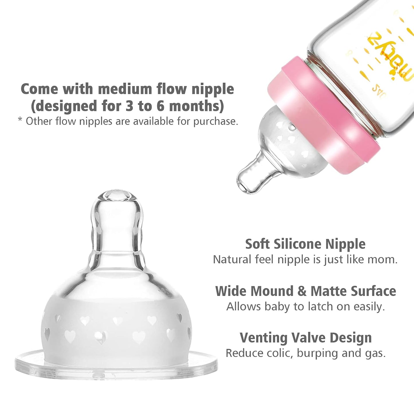 Matyz Glass Breastmilk Baby Feeding Bottle with Nipple, 2 Pack, 8 oz Slim and Light Bottle Easy to Hold, Food Grade Borosilicate Glass, Wide Neck Easy to Clean, No BPA (Pink Lids)