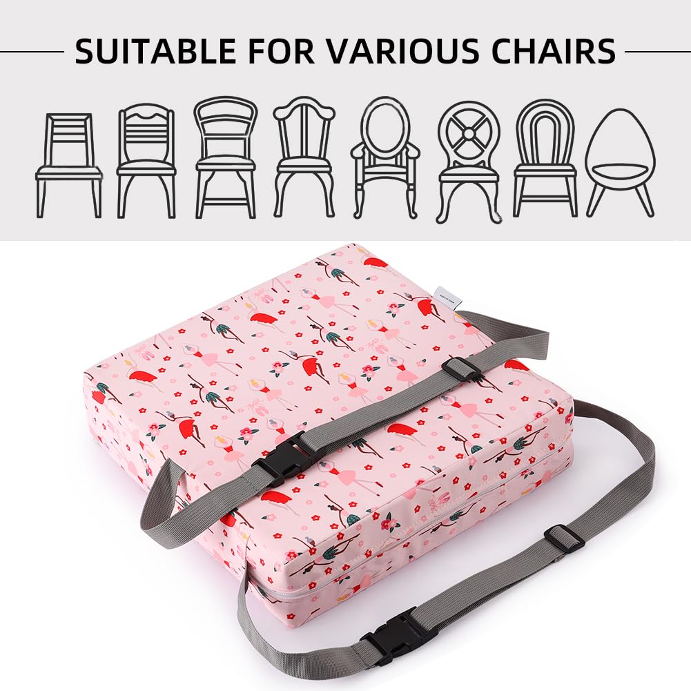 Zicac Portable Toddler Booster Seat for Dining Table, Safer Non-Slip Kids Booster Seat with Double Adjustable Straps, Washable Detachable Strong Support Increasing Cushion for Child (Pink)