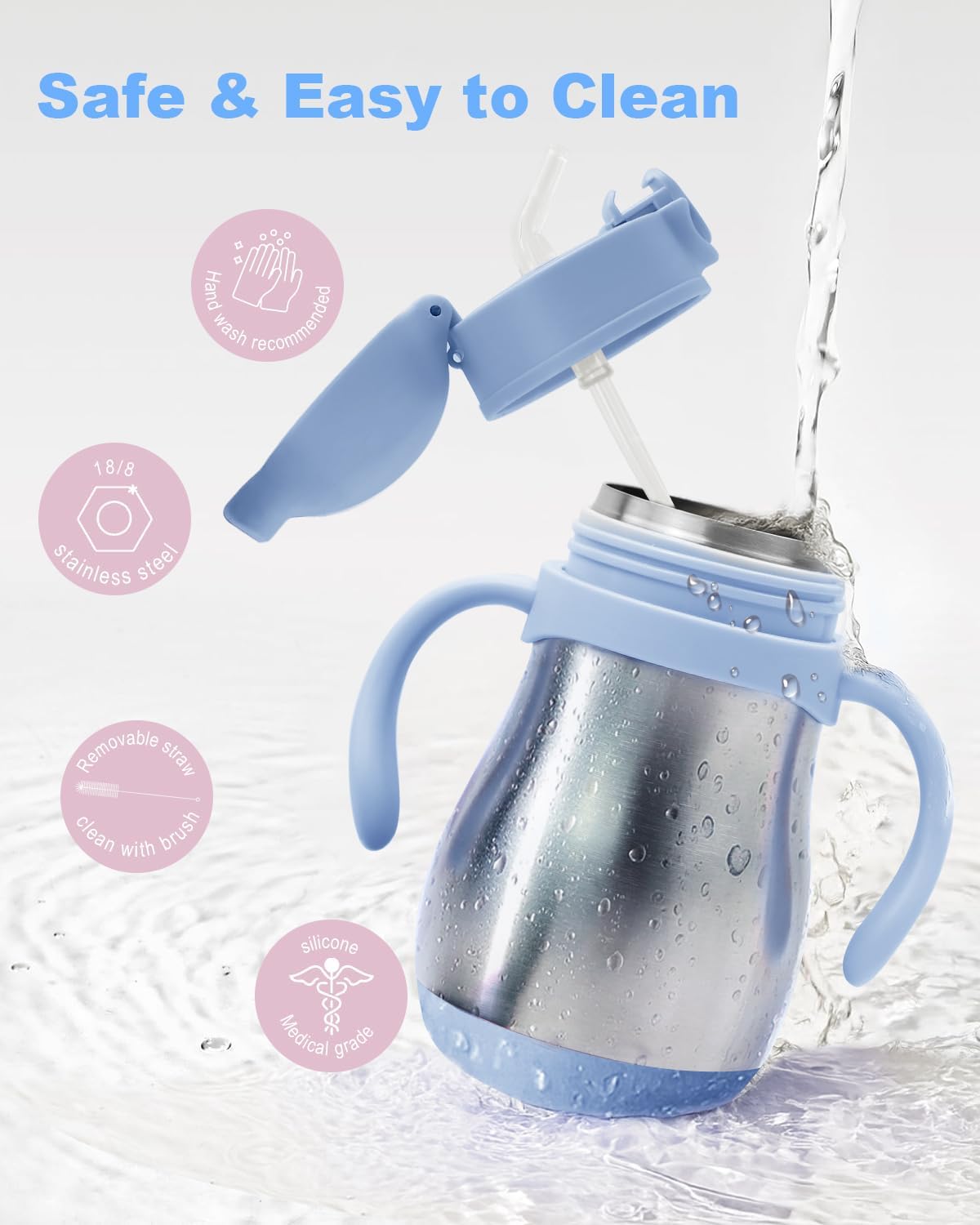 Stainless Steel Straw Sippy Cup for Toddlers 1-3 Years Old, Insulated Toddler Water Bottle Baby Training Tumbler with Handles, 8oz Kids Straw Cups for Travel, Daycare & At Home, Blue