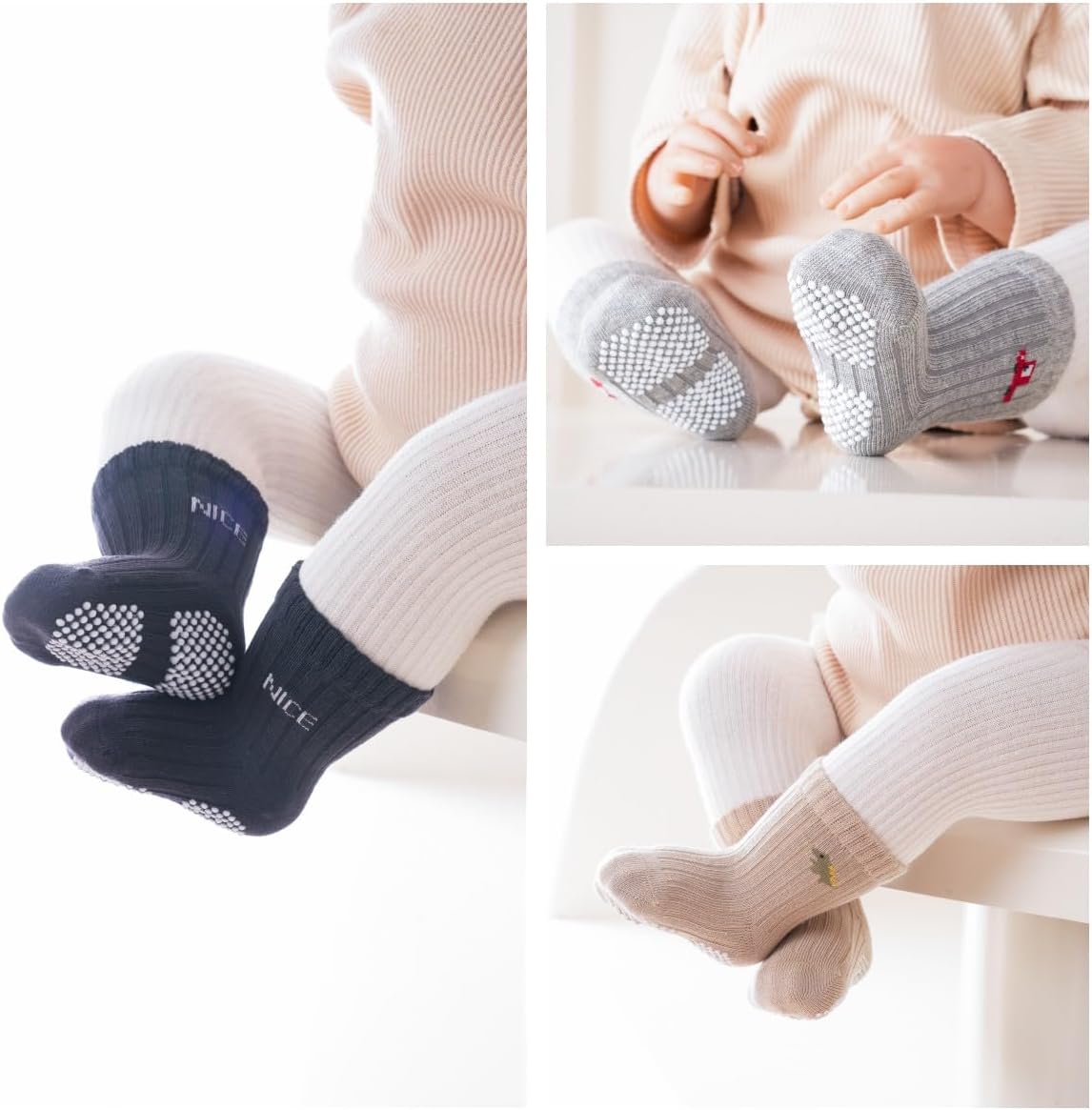 Baby Crew Socks,Grips Combed Cotton Socks Toddler Non-Skid for Girls,Boys Non Slip/Anti Skid 9-Pack