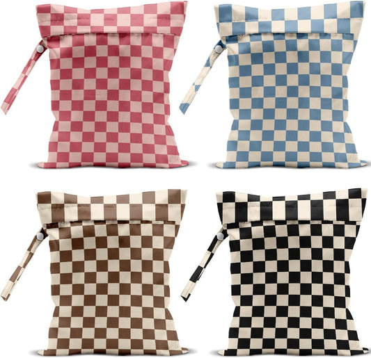 4 Pack Cute Wet Bag Waterproof Washable Reusable Wet Dry Bag for Swimsuit Dirty Clothes Cloth Diaper Travel Pool Yoga Gym Party Camping Toiletries Travel Beach Essentials, Colorful Checkered