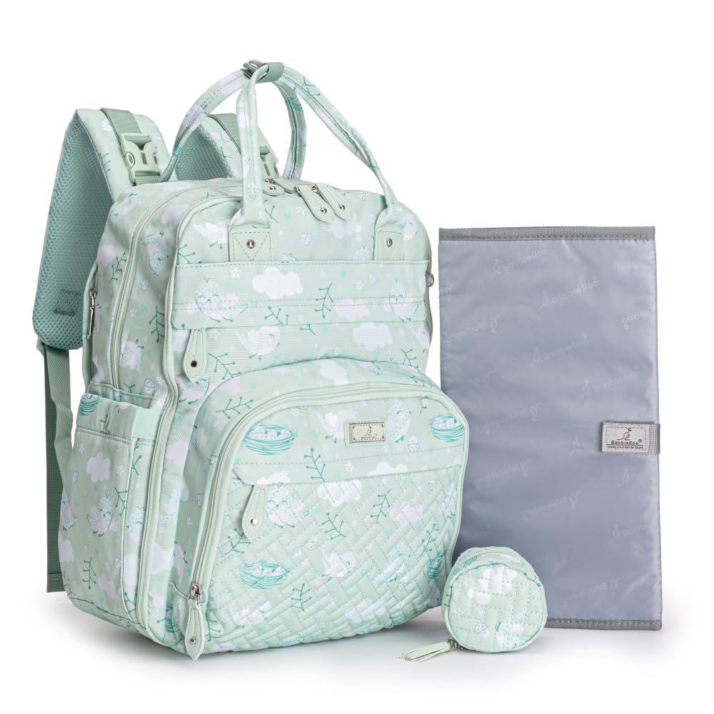 BabbleRoo Diaper Bag Backpack - Baby Essentials Travel Tote - Multi Function Water Resistant Diaper Bag, Travel Essentials Baby Bag with Changing Pad, Stroller Straps & Pacifier Case - Green Birdy