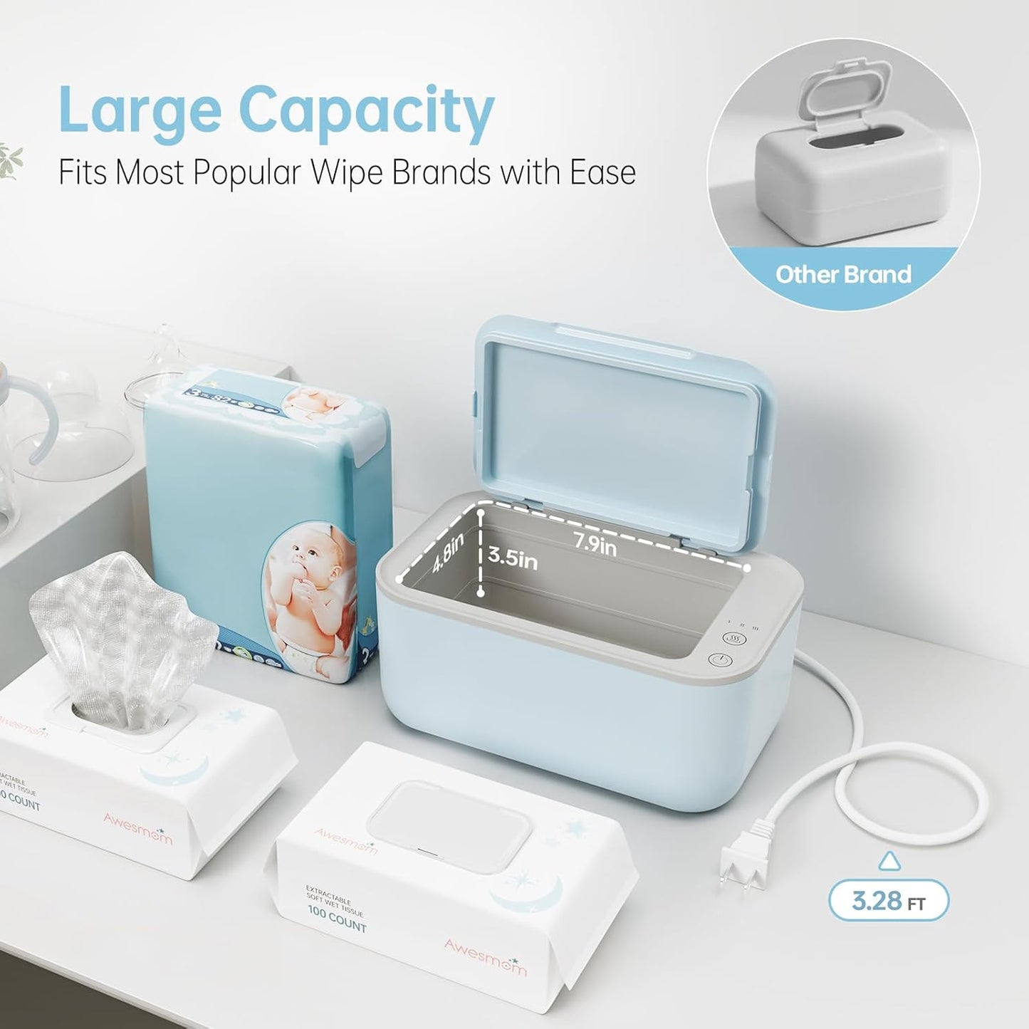 Wipe Warmer for Babies, Adult, Adjustable Temperature, Silent Heating, Large Wipe Holder with Constant Warmth –Blue