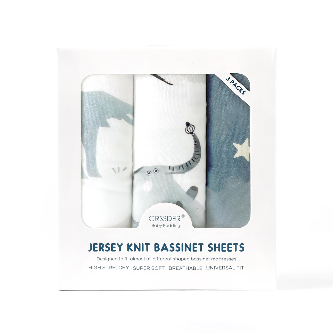 Stretchy Ultra Soft Fitted Bassinet Sheets Set 3 Pack, Universal Fit for Bassinets Baby Cradle Moses Basket Oval Rectangle Mattress Safe and Snug, Stylish Bassinet Sheet of Elephant Print