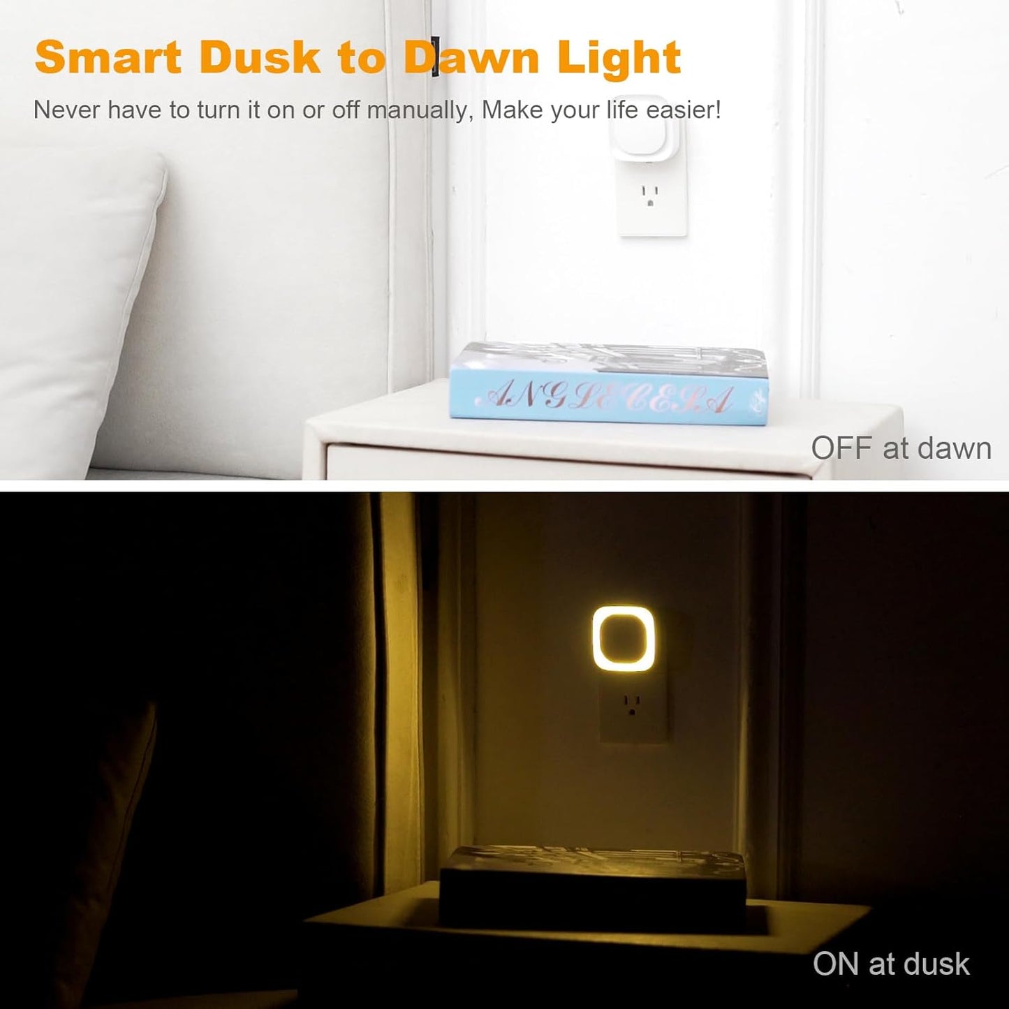 2 Pack Plug in Dimmable Night Light, Square Nightlight, Auto Dusk to Dawn Sensor, Soft Glow, Diffused Light, Golden Yellow Light for Bathroom, Hallway, Stairs, Kitchen, Bedroom, Garage