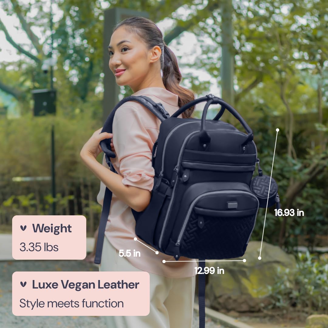 BabbleRoo Leather Diaper Bag Backpack - Baby Essentials Travel Baby Bag, Multi function, with Changing Pad, Stroller Straps & Pacifier Case – Unisex, Midnight Blue