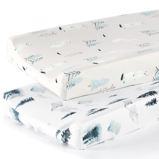GRSSDER Stretch Ultra Soft Jersey Knit Changing Pad Cover Set 2 Pack, Change Table Pad Covers Fit 32"/34" x 16" Pads Safe and Snug, Cute Wild Forest Mongooses for Baby