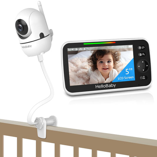 HelloBaby Baby Monitor No WiFi with Crib Clip, 5'' Screen and 30-Hour Battery Life, Baby Monitor with Camera and Audio, Flexible Clamp Mount with Long Gooseneck Arm by Hello Baby