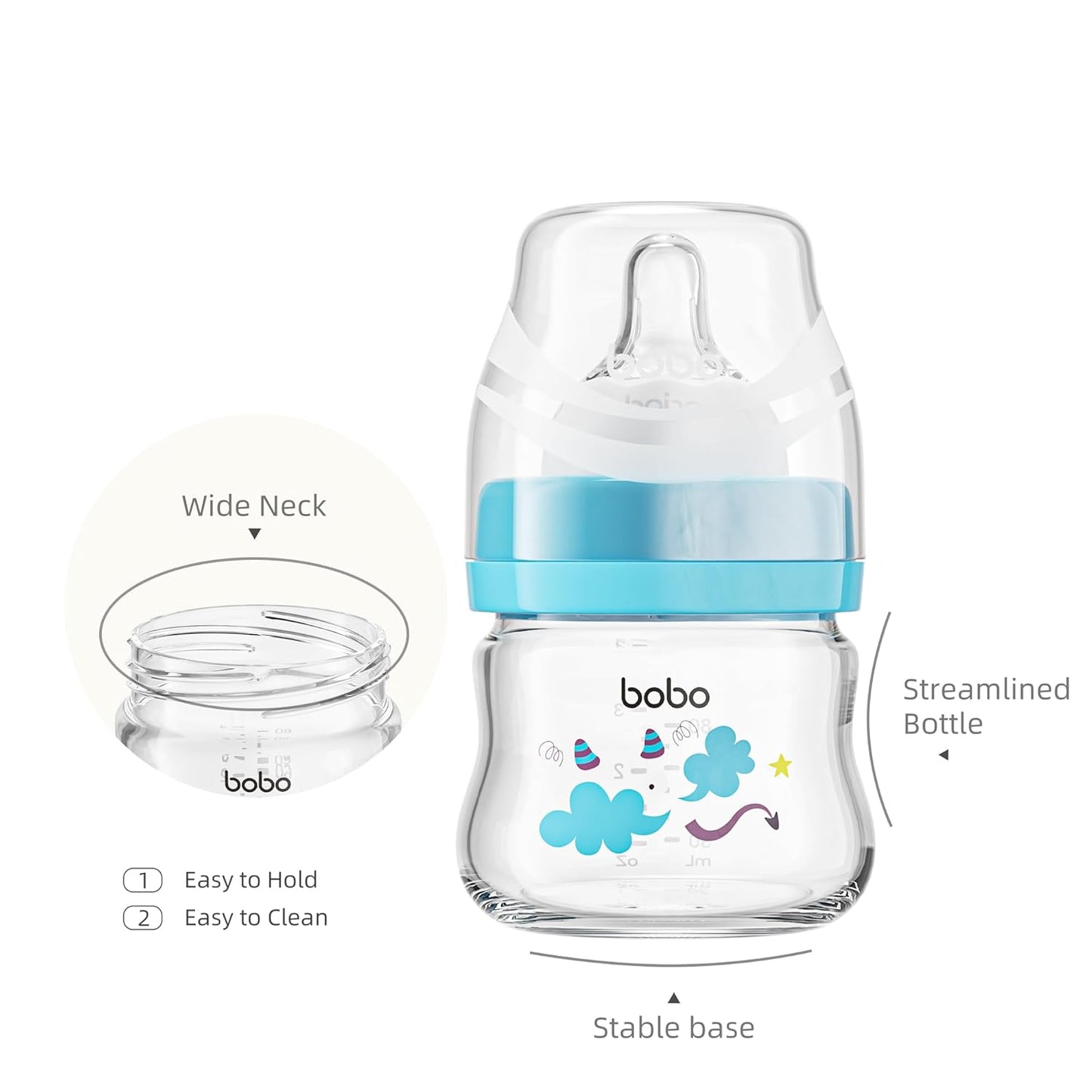 YOHKOH Glass Baby Bottles with Slow Flow Nipple, Newborn Anti-Colic Baby Bottles for 0+ Months, Wide Neck Feeding Bottle, Clear (Blue, 2.7oz (Pack of 2))