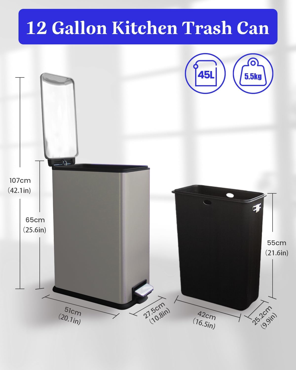 12 Gallon Slim Kitchen Trash Can, Stainless Steel Trash Can with Removal Inner Bucket and Soft-Close Lid, Pedal Garbage Can 45 Liter, Kohler Grey
