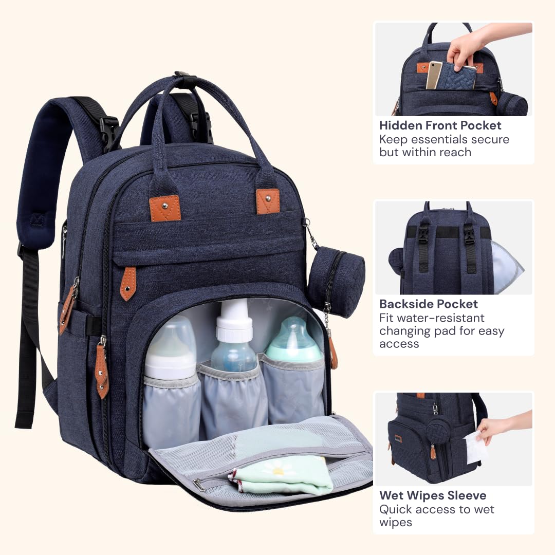 BabbleRoo Diaper Bag Backpack - Baby Essentials Travel Tote - Multi Function Water Resistant Diaper Bag, Travel Essentials Baby Bag with Changing Pad, Stroller Straps & Pacifier Case - Navy Blue