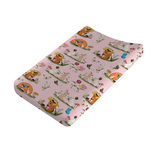 Cute Animals Spring Flowers Baby Changing Pad Covers Boy Girl 32''x16'' Bunny Fox Squirrel Butterflies Floral Fitted Diaper Change Table Mats Forest Soft Breathable Nursery Changing Table Sheets Pink