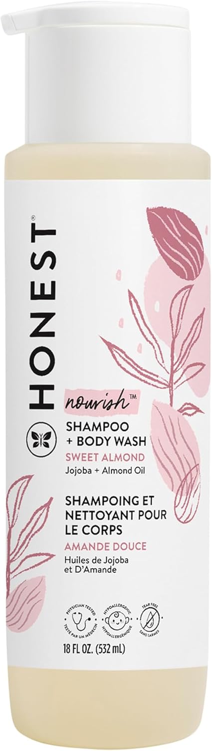 The Honest Company 2-in-1 Cleansing Shampoo + Body Wash | Gentle for Baby | Naturally Derived, Tear-free, Hypoallergenic | Sweet Almond Nourish, 18 fl oz