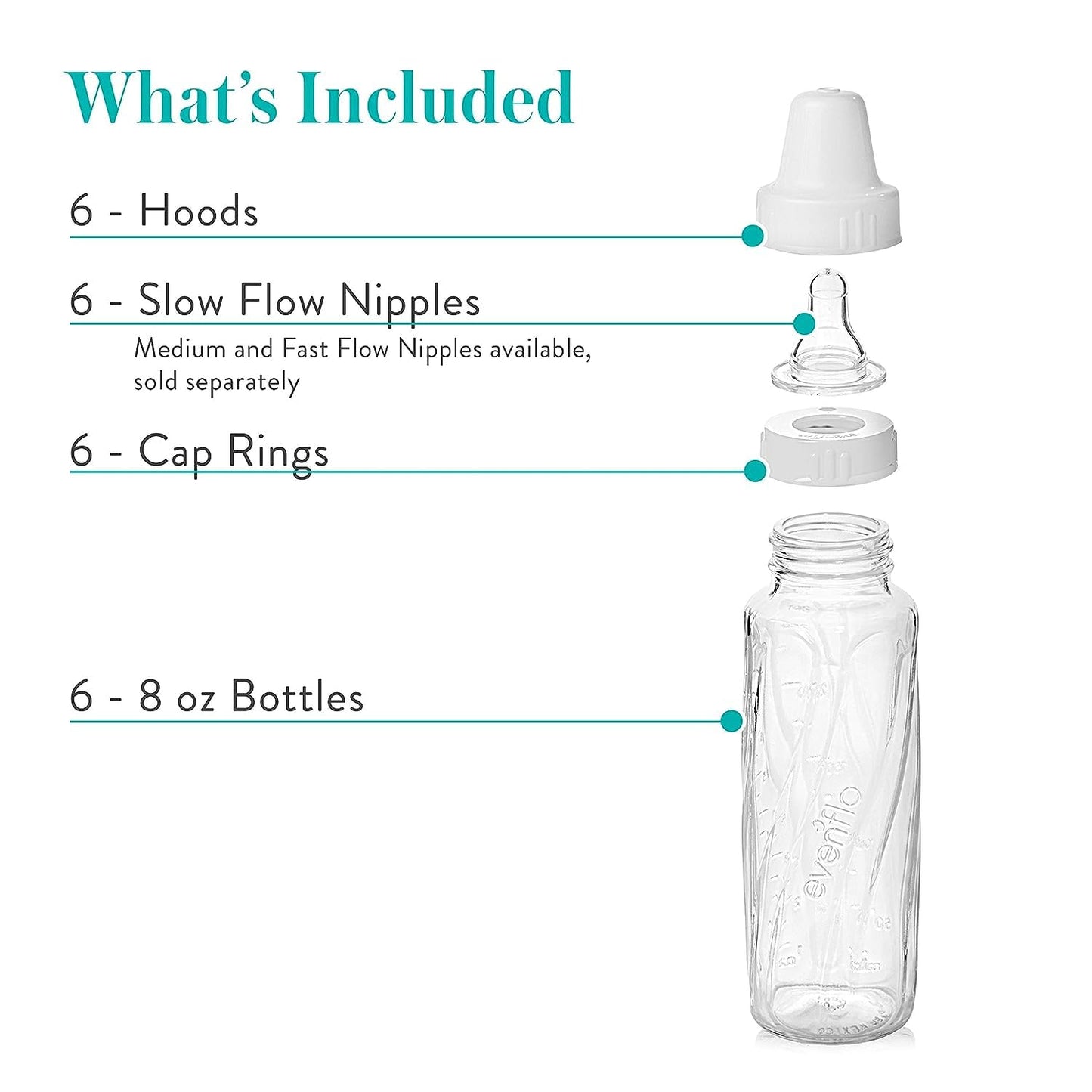 Evenflo Feeding Classic Glass Bottle, Twist Bottles, 8 Oz, 1-Pack of 6 Bottles