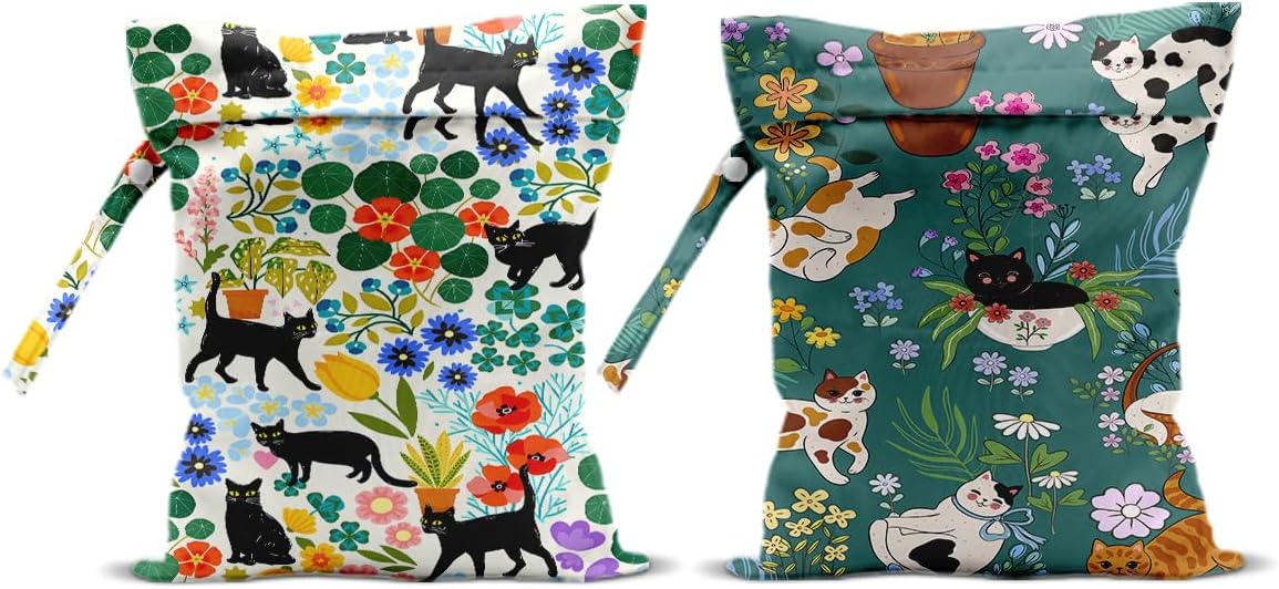 2Pcs Cat Wet Bags 12x10 Inch, Colorful Flowers Waterproof Travel Laundry Bags, Floral Reusable Wet Dry Bag for Swimsuit Pool Beach Diapers Dirty Yoga Gym Clothes, Cat Gifts for Women Friend Travelers