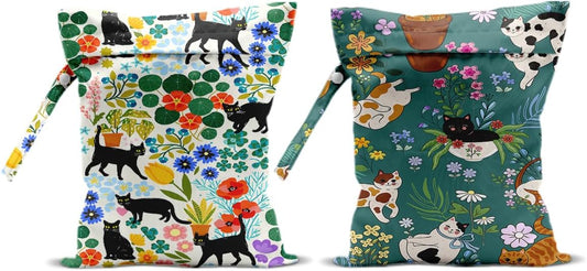 2Pcs Cat Wet Bags 12x10 Inch, Colorful Flowers Waterproof Travel Laundry Bags, Floral Reusable Wet Dry Bag for Swimsuit Pool Beach Diapers Dirty Yoga Gym Clothes, Cat Gifts for Women Friend Travelers