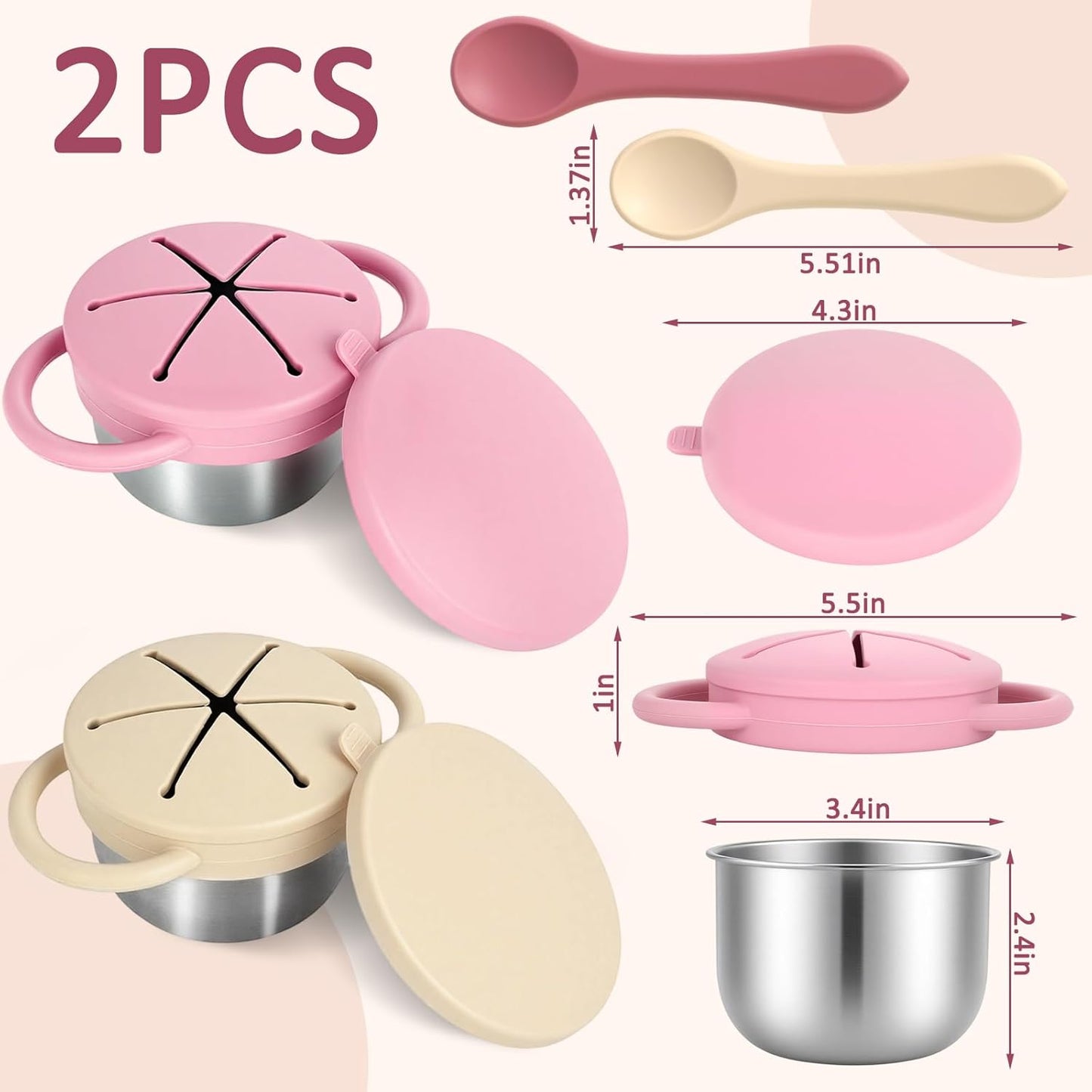 2 Pack Stainless Steel Toddler Snack Cups,Snack Containers For Kids,Baby Food Catcher Spill Proof,Bpa-Free,Food Grade Silicone,Spoon Is Included