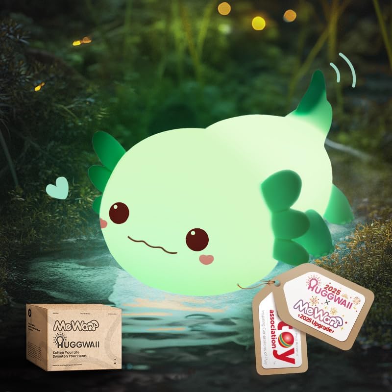 Mewaii Huggwaii Squishy Axolotl Night Light for Kids – Dimmable Silicone Axolotl Lamp, 2025 Upgraded Design, 20H Battery Life Rechargeable Lamp,Safe Sleep Aid Gift for Toddlers, Girls&Baby Room Decor