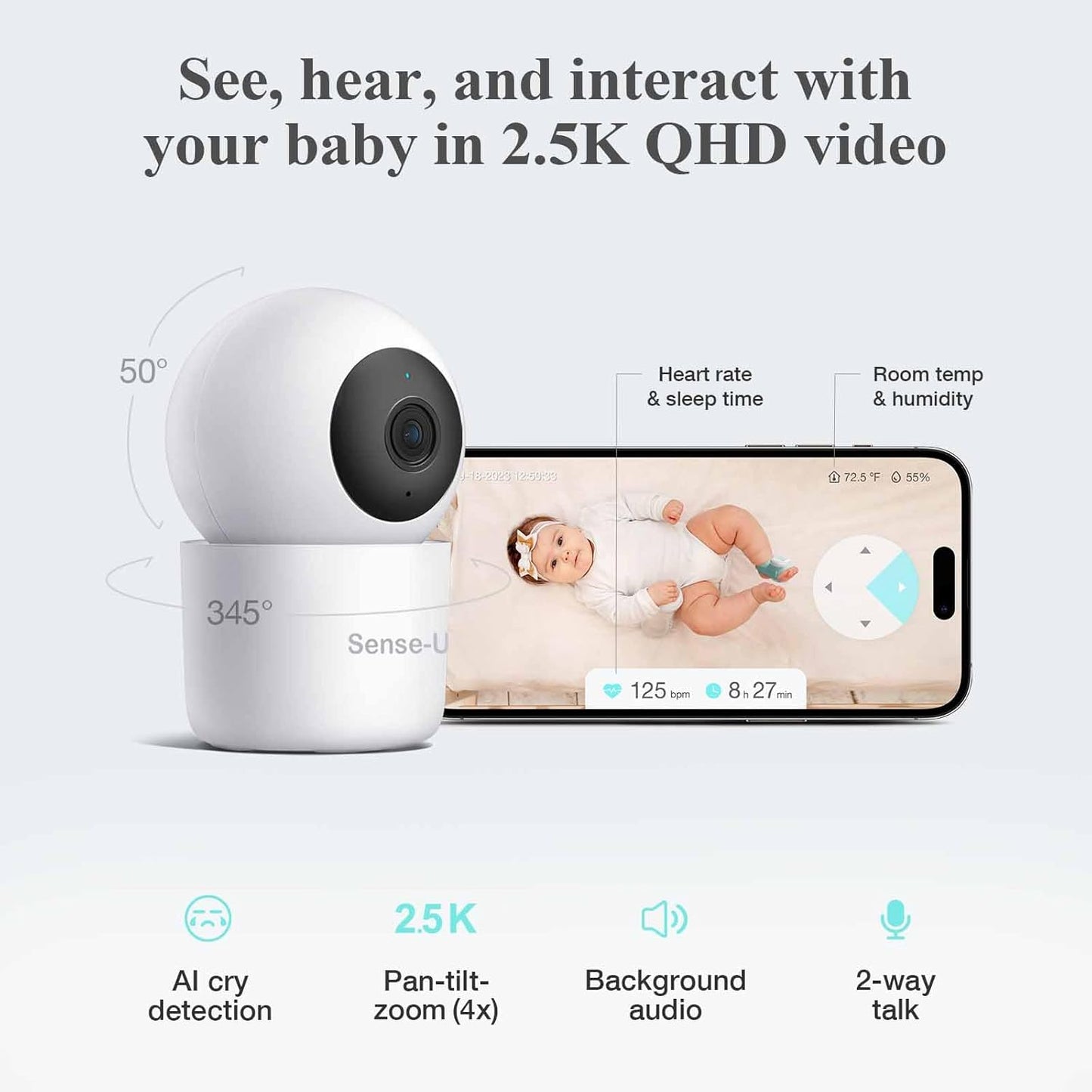 Sense-U Smart Sock Shoe Baby Monitor & 2.5K PTZ Camera - Track Heart Rate, Sleep Movement with Pan-Tilt-Zoom Video, Cry Detection, Audio