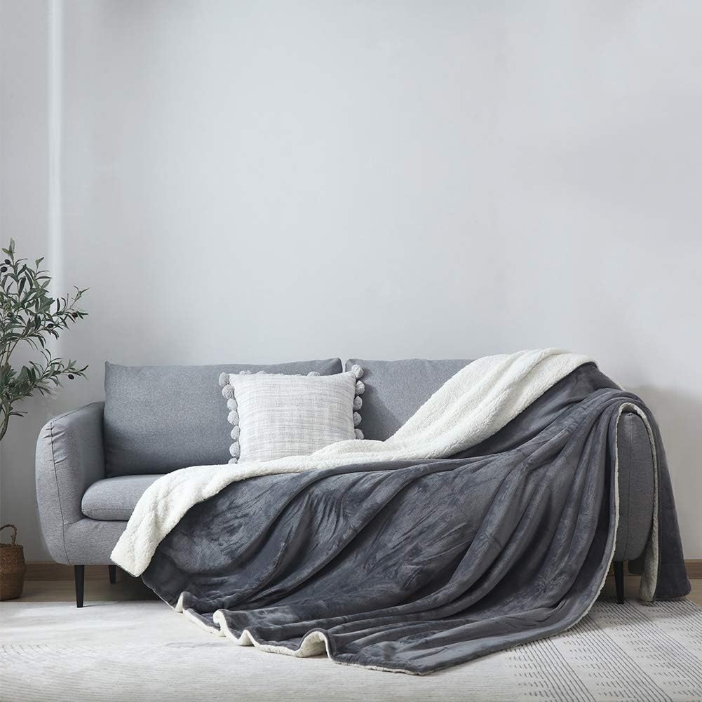 NANPIPER Flannel Blanket Reversible Sherpa Throw Blanket Super Soft Fuzzy Plush Microfiber (90"x90" Gray) Queen