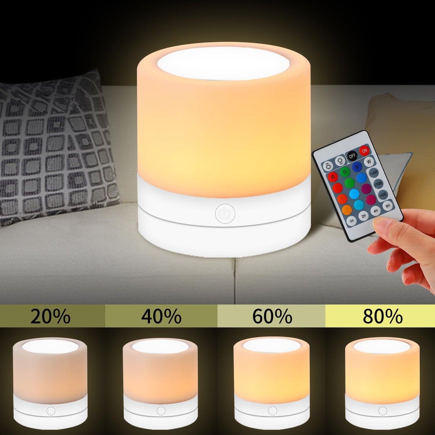 Nursery Night Light for Kids, USB Rechargeable Small Desk Lamp,13 RGB Colors & 4 Brightness & 1 Remote, Touch Bedside Cordless Table Lamp, Portable Night Lamp for Bedroom Living Room (2 Pack White)
