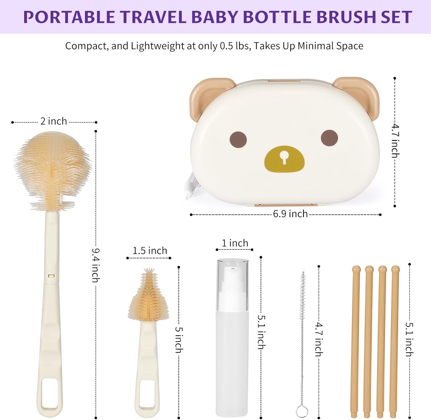 VOOWO Baby Bottle Brush & Drying Rack, Travel Bottle Cleaner Kit, Silicone Nipple & Straw Cleaner (White)