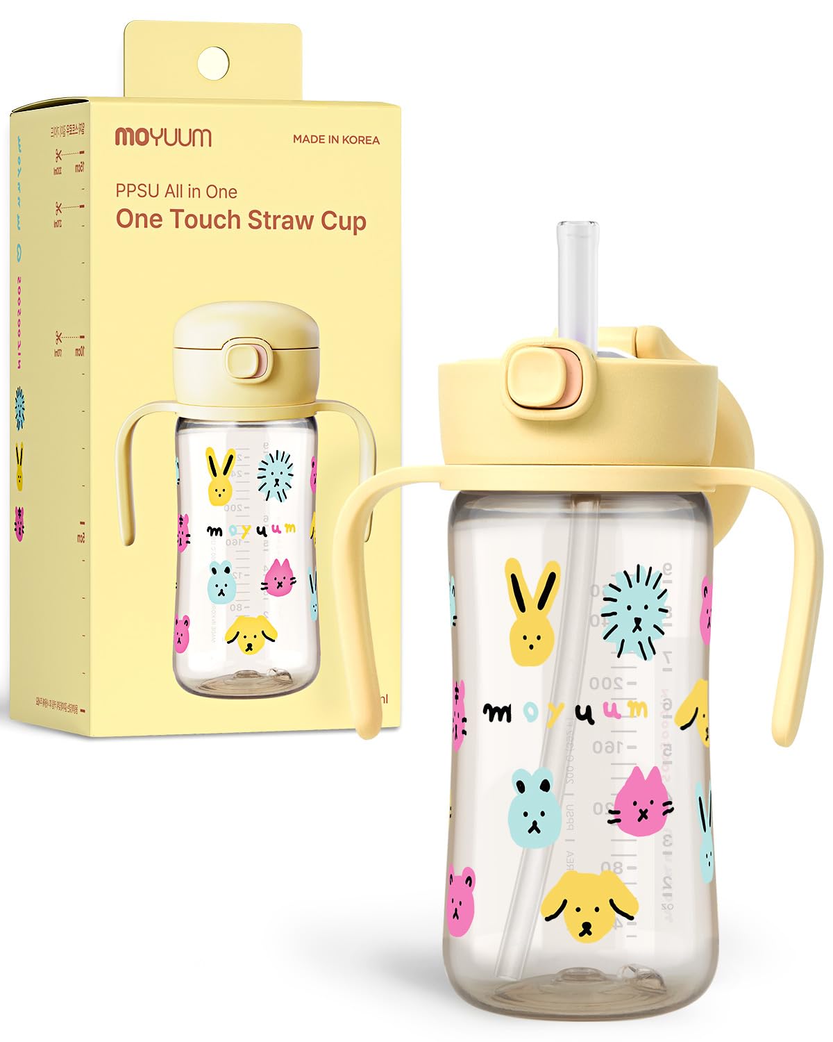 MOYUUM Leak Proof Sippy Cup with Handle | Made in Korea, 100% BPA Free PPSU, Magic No Spill Straw Cup with Attached Flip Top Lid, Easy to Hold for Babies and Toddlers, 9oz Yellow