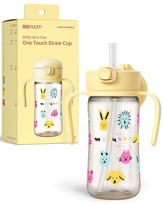 MOYUUM Leak Proof Sippy Cup with Handle | Made in Korea, 100% BPA Free PPSU, Magic No Spill Straw Cup with Attached Flip Top Lid, Easy to Hold for Babies and Toddlers, 9oz Yellow