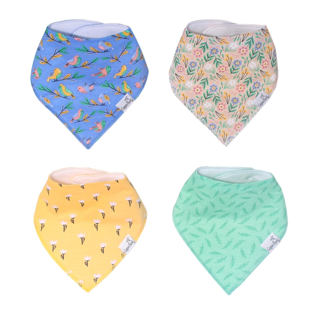 Copper Pearl 4 Pack Soft Cotton Baby Bibs for Drooling and Teething, Absorbent Drool Bibs for Baby Girl and Boy, Adjustable to Fit Newborns to Toddlers, Tons of Styles (Birdie)