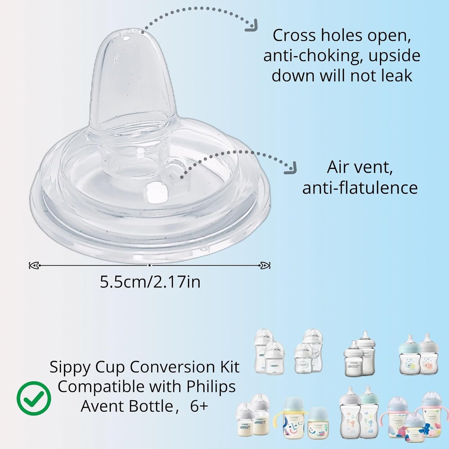 6Pack Sippy Spout Nipples Compatible with Philips Avent Natural Bottles, Trainer Sippy Cup 100% Food Grade Silicone Soft Nipple, Easy to Clean, Easy Transition from Bottle to Cup
