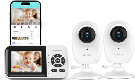 ebemate WiFi Video Baby Monitor with 2 Camera,2.8" Display with 1200Ft Long Range,WiFi On/Off,1080P No Glow Night Vision,2-Way Talk Baby Cam Monitoring EBS28-2