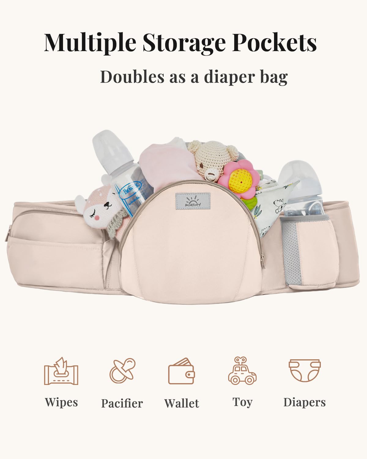 MOMTORY StowNGO Pro Baby Carrier, Safety-Certified 6-in-1 Ultra Storage Baby Carrier Newborn to Toddler, Front & Back Baby Holder Carrier with Hip Seat, Soft Pink