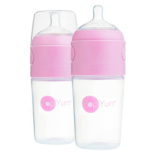 PopYum 9 oz Pink Anti-Colic Formula Making/Mixing/Dispenser Baby Bottles, 2-Pack with #2 Medium Flow Nipples, 260 ml, BPA-Free, Natural Latch