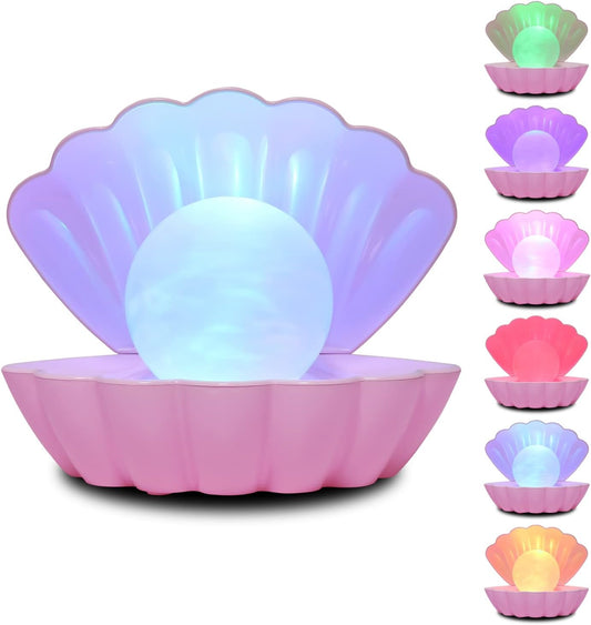 Shell Pearl Beach Themed Night Light, RGB 8 Colors Changing Mood Shell Pearl Lamps, Bedside LED Clamshell Portable Night Lights for Bar (Pink)