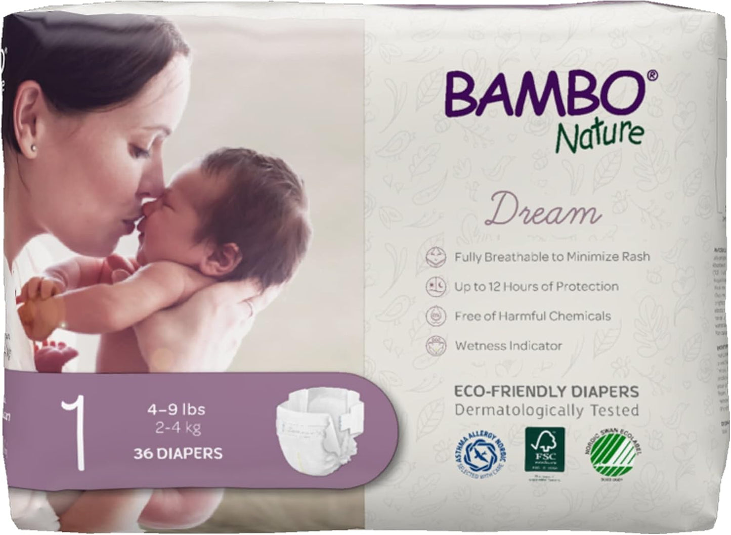Bambo Nature Hypoallergenic Dream Baby Diapers, Premium Eco-Labeled Sustainable Diapers, Enhanced Leakage Protection, Totally Chlorine-free, Skin Friendly, and Super Absorbent - Size 1 (108 Count)
