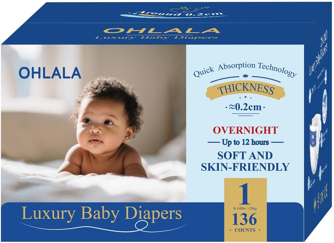 OHLALA Luxury Diapers Size 1 Hypoallergenic | Skin-Friendly & Leakproof | Fragrance-Free | Ultra-Thin | 2 Pack 136counts | 8-14 lbs