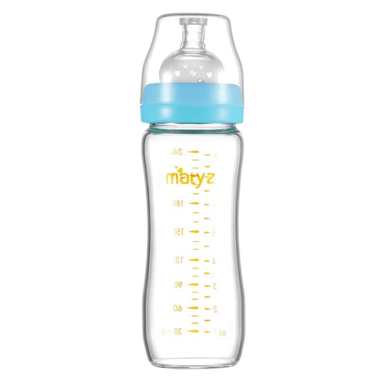 Matyz 8 Ounce Glass Baby Feeding Bottle with Nipple, Light and Slim, Easy to Hold, Food Grade Borosilicate Glass, Wide Neck Breastmilk Feeding Bottle, Easy to Clean, No BPA (Blue Lids)