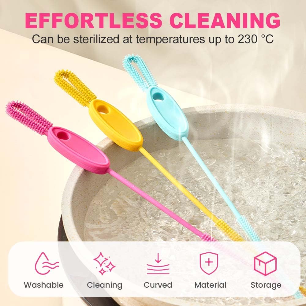 Extra Long Straw Cleaner Brush, Reusable Soft Silicone Cleaning Brush for Tumbler Lid Crevices, Glass Metal Smoothie Straws with Non Slip Handle (Yellow + Blue)