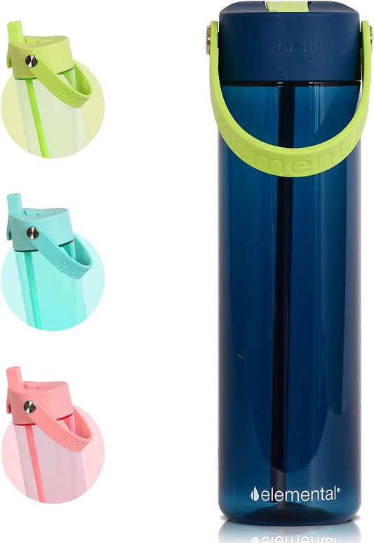 Elemental Splash Water Bottle with Straw - BPA-Free Tritan Plastic Reusable Water Bottle with Strap - Ideal for Travel, Gym and Sports - Leak Proof when Spout is Closed - 26oz - Deep Sea