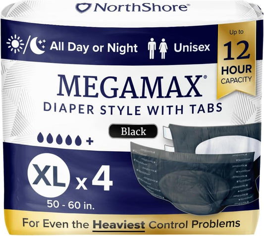 NorthShore MegaMax Adult Overnight Diapers, 12-Hour Tab-Style, X-Large, 4 Count Starter Pack, Black, 50-60 inches, Unisex Incontinence Underwear