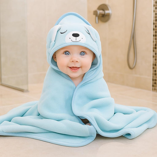Hooded Baby Bath Towel for Boys – Soft & Absorbent Blue Animal Design | Plush Newborn & Toddler Bath Wrap