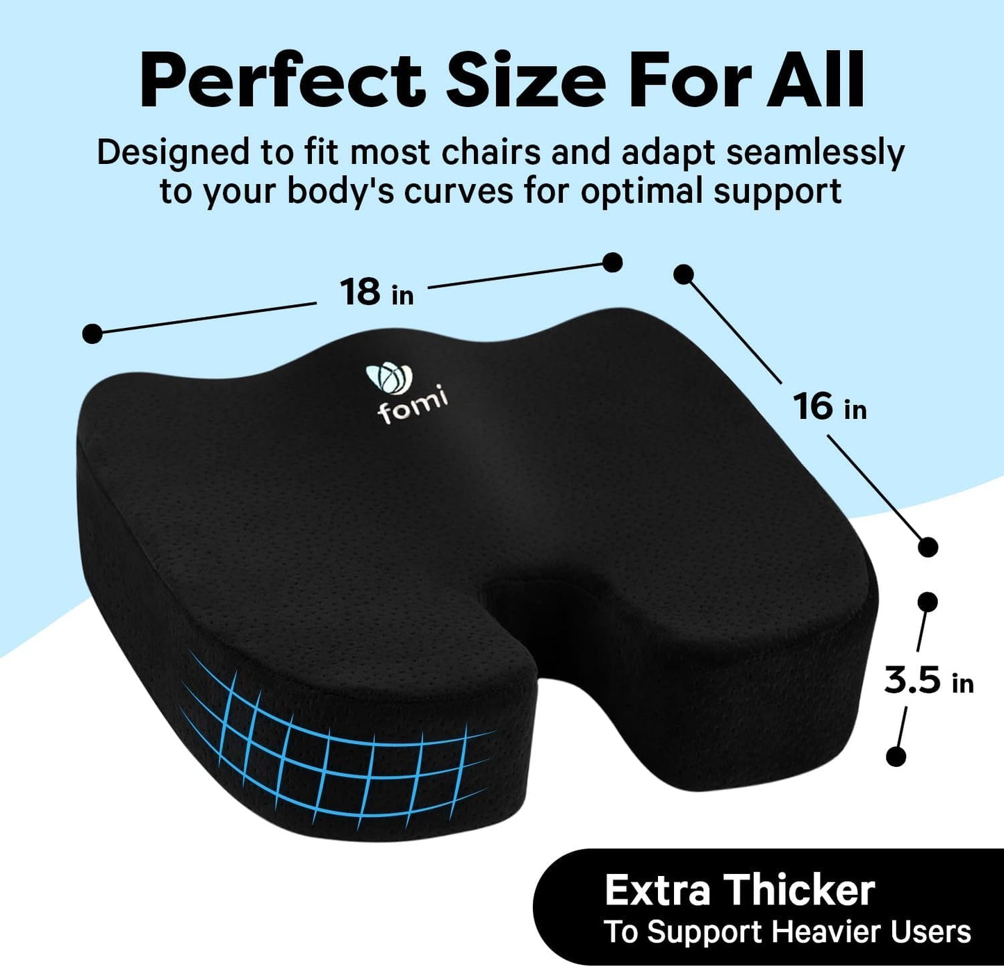 FOMI Extra Thick Firm Coccyx Orthopedic Memory Foam Seat Cushion | Black Large Cushion for Car or Truck Seat, Office Chair, Wheelchair | Back Pain Relief (Black)