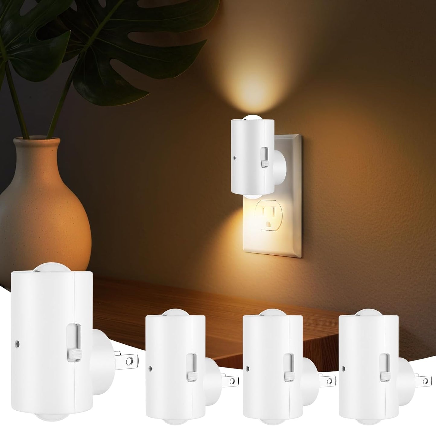 4 Pack Mini LED Night Light, Dimmable Plug-in Wall Light with Dusk to Dawn Auto On/Off, 180° Rotating Head, 3000K Soft White, 0-200 LM for Nursery, Hallway, Bathroom
