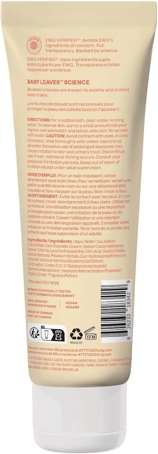 ATTITUDE Bubble Body Wash for Baby, EWG Verified, Dermatologically Tested, Plant and Mineral-Based, Vegan, Pear Nectar, 8 Fl Oz