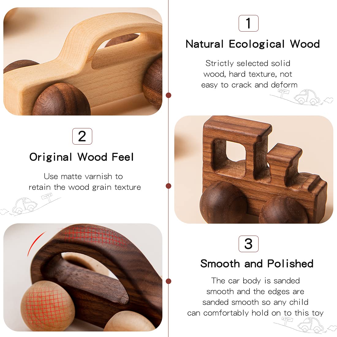 Wooden Rattle Toy Car Set 3PCS Baby Toy Skill Development Educational Toy Environmental Protection Toy Car